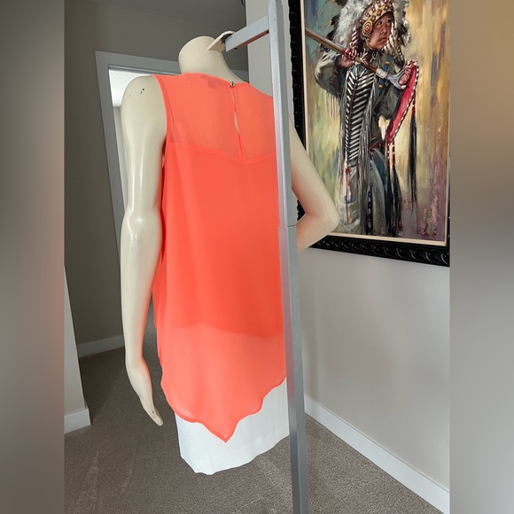 Vince Camuto Neon Orange Sheer Blouse | Asymmetrical Hem | Layered Front - Picture 3 of 9